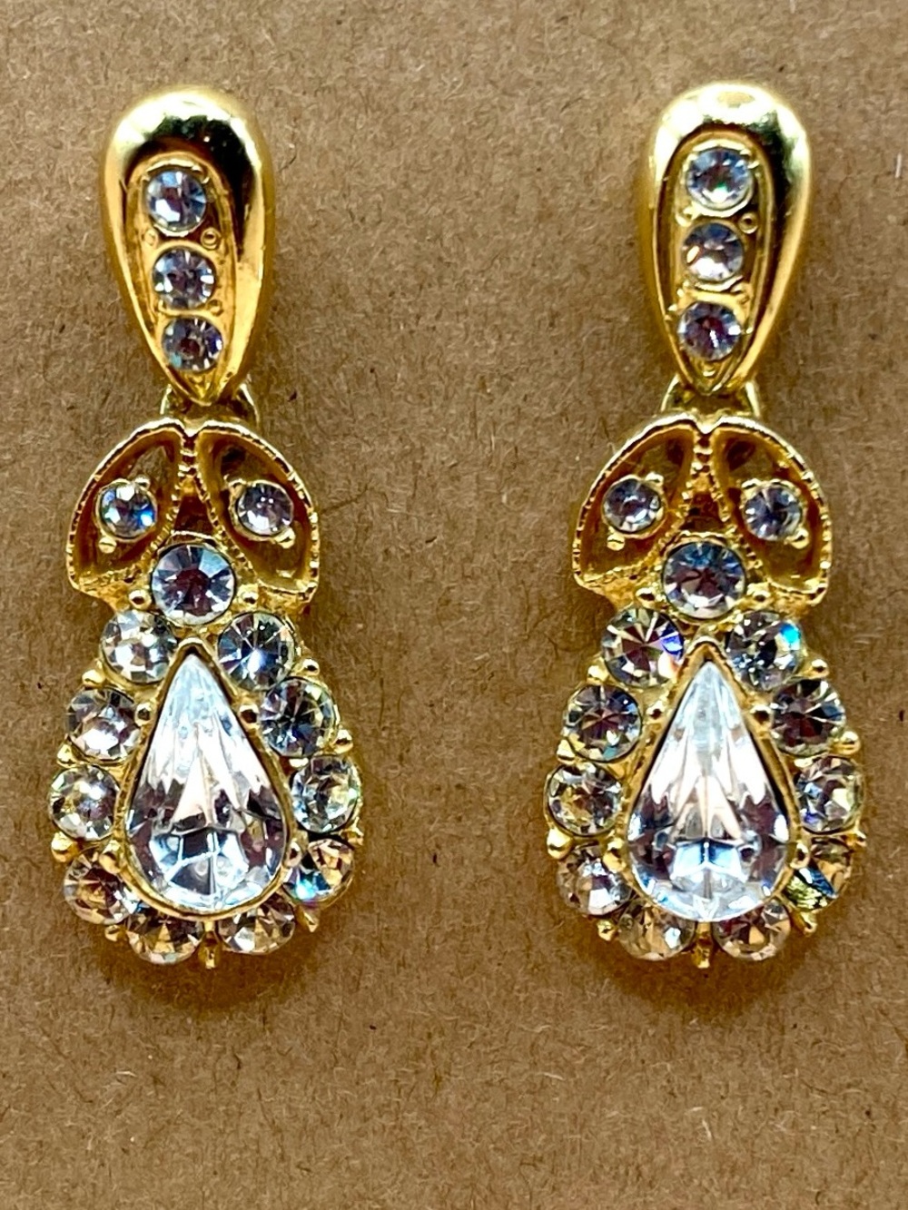 Vintage Gold-Tone Teardrop Crystal Rhinestone Dangle Earrings